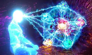 Świecąca postać w pozie medytacyjnej emituje energię 432 hz, tworząc wizualizację kosmicznego oka i geometrycznych kształtów.