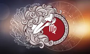 Symbol Panny, 15 grudnia znak zodiaku, otoczony kryształami i kołem zodiaku.