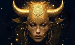 Złota maska z rogami byka, niczym symbol zodiaku, otacza twarz kobiety.