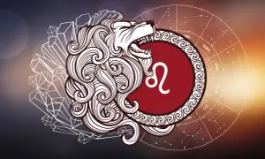 Lew, 16 sierpnia znak zodiaku, symbolizuje siłę i odwagę. Stylizowany lew z grzywą i symbolem Lwa na tle zodiaku.
