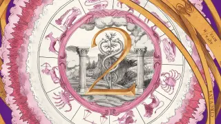 Złota cyfra 2, symbolizująca numerologiczną 2, otoczona zodiakiem i mistycznymi chmurami.