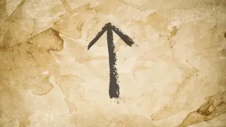 Czarna runa Tiwaz, symbol zwycięstwa i odwagi, namalowana na postarzanym papierze.