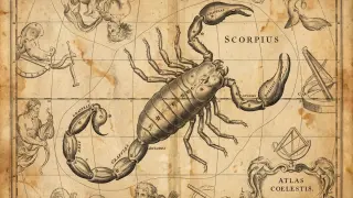 Skorpion, najgorszy znak zodiaku, na starym atlasie nieba. Wokół niego inne konstelacje i instrumenty astronomiczne.