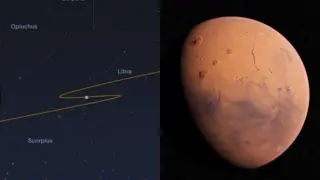 Mars w konstelacji Wagi, jego ścieżka na niebie pokazuje, co to retrogradacja. Czerwona planeta na czarnym tle.