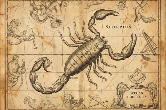 Skorpion, najgorszy znak zodiaku, na starym atlasie nieba. Wokół niego inne konstelacje i instrumenty astronomiczne.