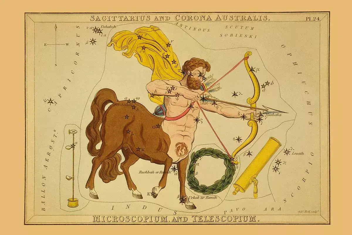 Starożytna mapa nieba z łucznikiem-centaurem, symbolem 17 grudnia znak zodiaku. Obok widać teleskop i konstelacje.