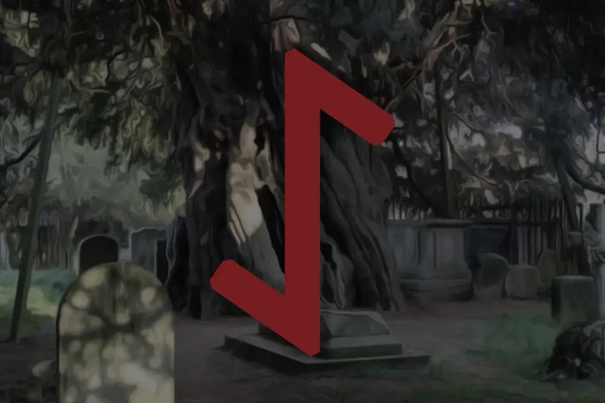 Cmentarz pod starym drzewem, z runą Eihwaz symbolizującą ochronę i wytrwałość.