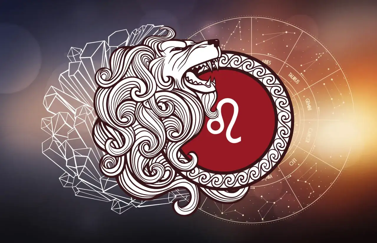 Lew, 16 sierpnia znak zodiaku, symbolizuje siłę i odwagę. Stylizowany lew z grzywą i symbolem Lwa na tle zodiaku.