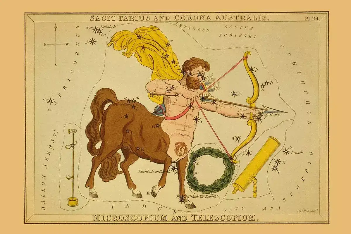 Starożytna mapa nieba z łucznikiem-centaurem, symbolem 17 grudnia znak zodiaku. Obok widać teleskop i konstelacje.