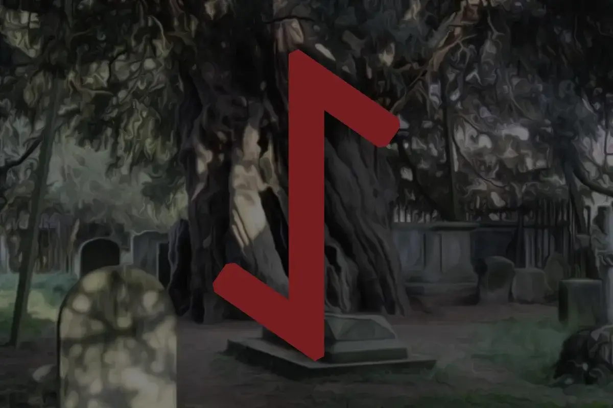 Cmentarz pod starym drzewem, z runą Eihwaz symbolizującą ochronę i wytrwałość.