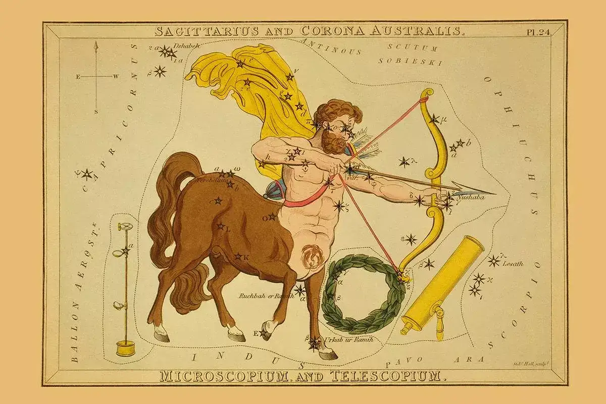 Starożytna mapa nieba z łucznikiem, symbolem 17 grudnia znaku zodiaku. Widoczny łuk, strzała i wieniec laurowy.