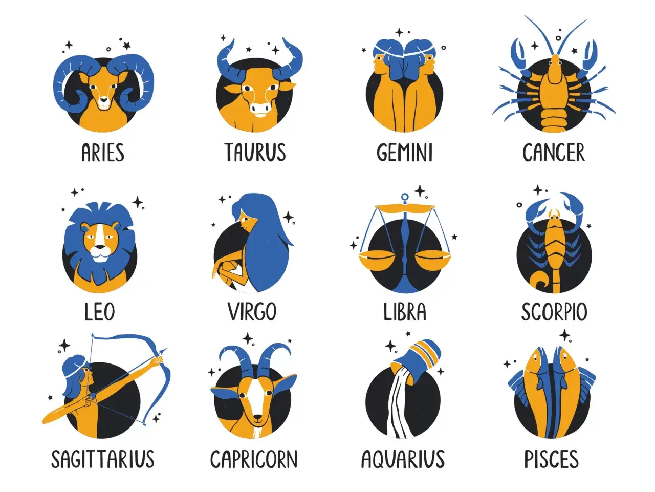 Znak zodiaku czerwiec to Bliźnięta. Ilustracje dwunastu znaków zodiaku: Baran, Byk, Bliźnięta, Rak, Lew, Panna, Waga, Skorpion, Strzelec, Koziorożec, Wodnik, Ryby.