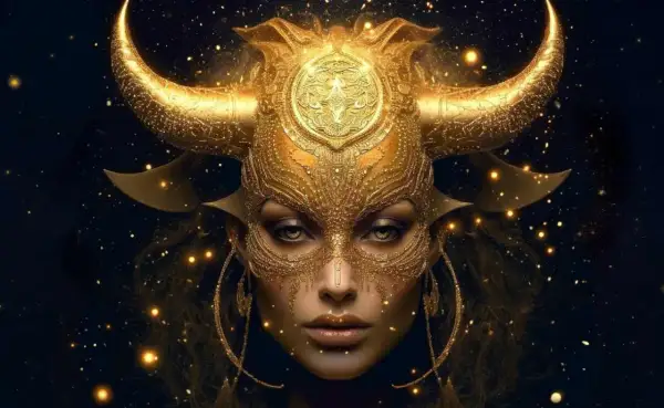 Złota maska z rogami byka, niczym symbol zodiaku, otacza twarz kobiety.