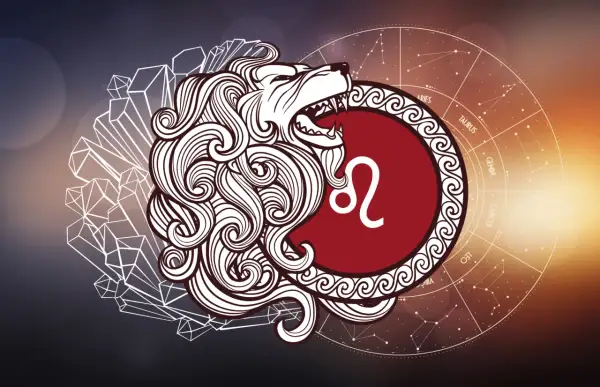 Lew, 16 sierpnia znak zodiaku, symbolizuje siłę i odwagę. Stylizowany lew z grzywą i symbolem Lwa na tle zodiaku.