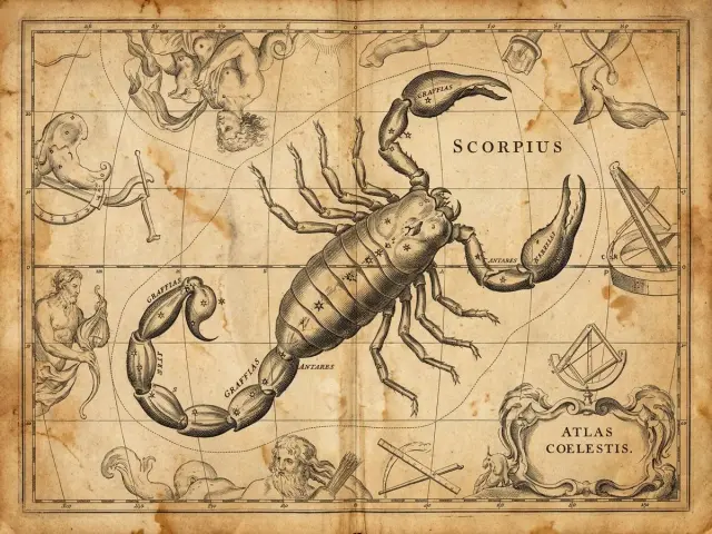 Skorpion, najgorszy znak zodiaku, na starym atlasie nieba. Wokół niego inne konstelacje i instrumenty astronomiczne.
