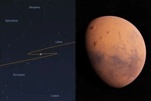 Mars w konstelacji Wagi, jego ścieżka na niebie pokazuje, co to retrogradacja. Czerwona planeta na czarnym tle.