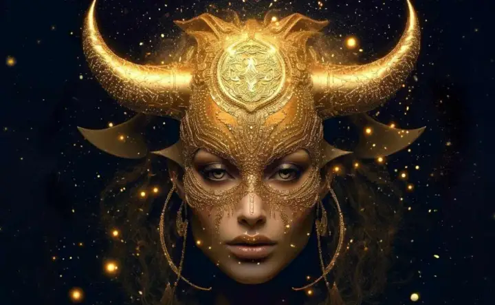 Złota maska z rogami byka, niczym symbol zodiaku, otacza twarz kobiety.